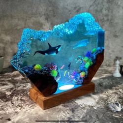 Orca Killer Whale and Manatees resin epoxy night light, Hand Made Medium Size