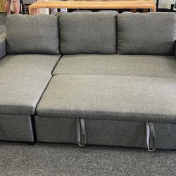 Grey Linen Sleeper Sofa With Reversible Storage Chaise 
