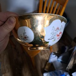 Vintage BOWL with Beautiful Hand Painted Floral And Birdy Design 