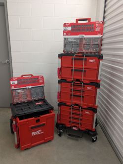Milwaukee Packout Master Lot: Drawer Tower, Rolling Chest, Dolly, & 2 Socket Kits