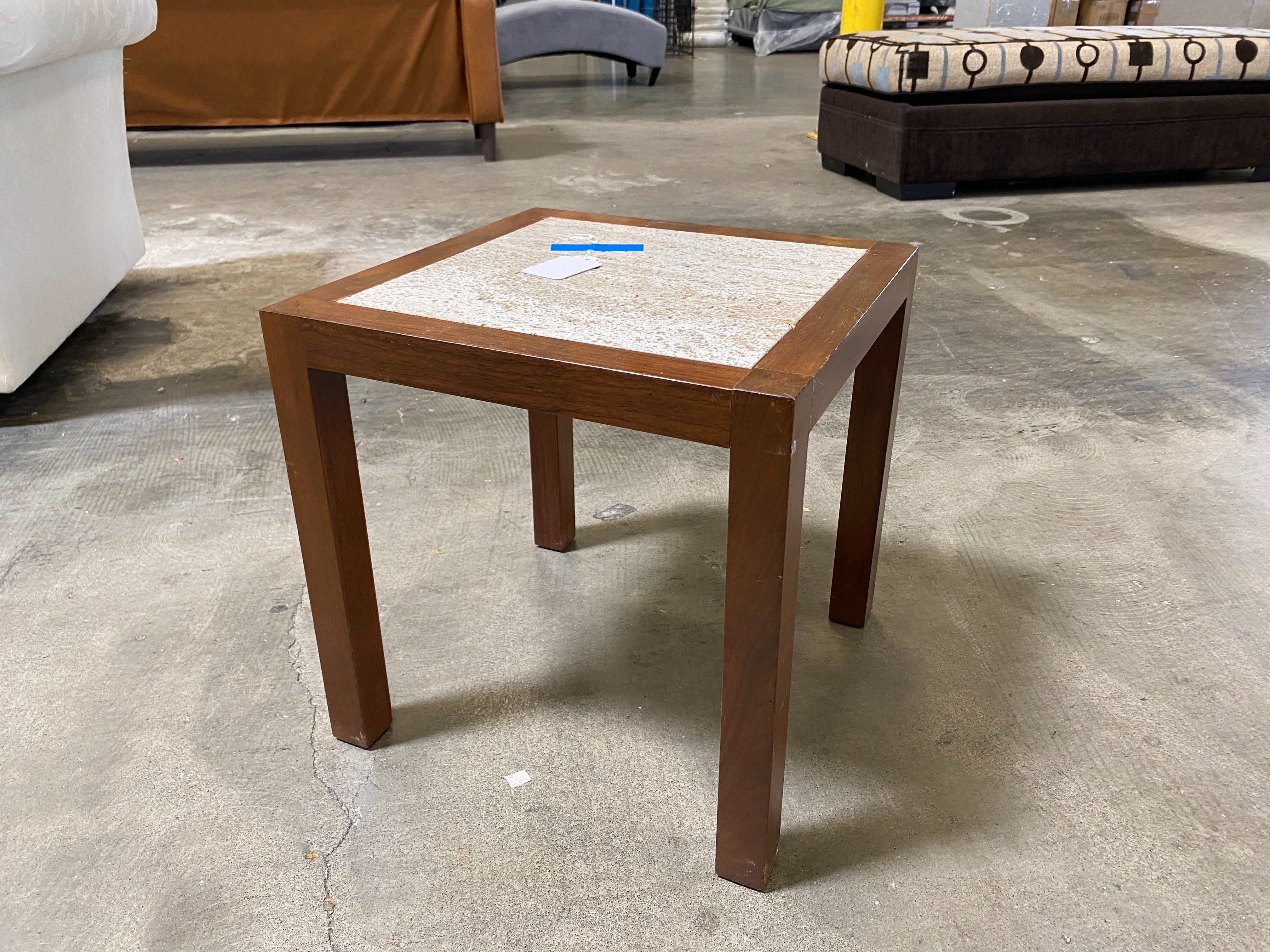 Modern Walnut Framed Travertine End Table