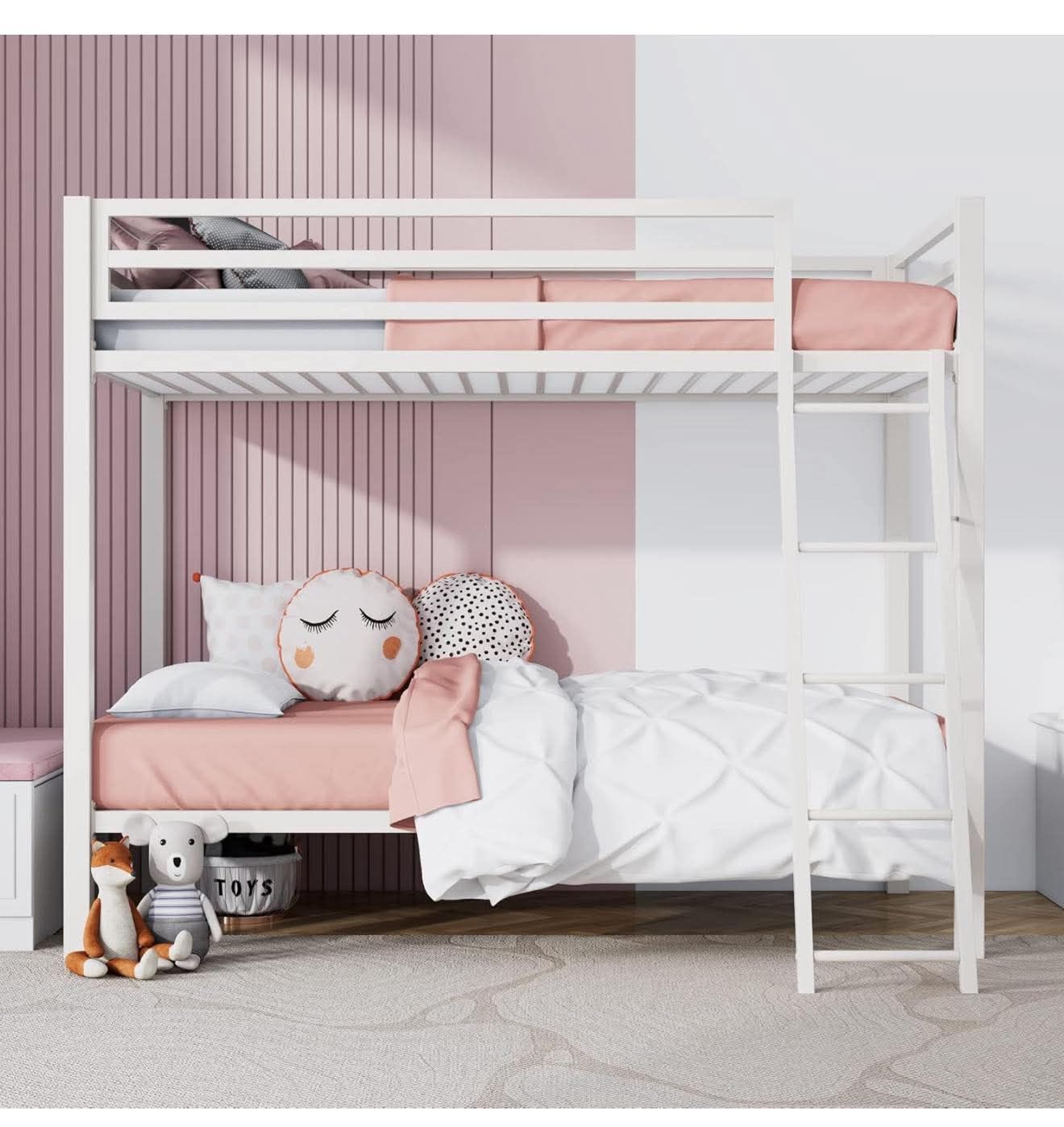 Loft Bunk Bed Twin Over Twin Size, White Heavy Duty Metal Slats Support, Z-10