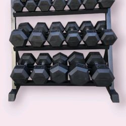 RUBBER HEX DUMBBELLS SET:
  5-50lb. WITH THE RACK.
