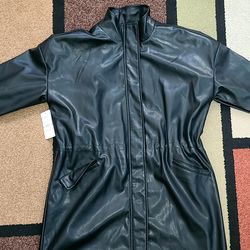 Vegan faux leather longline women’s jacket, size Large, brand new with tags. Sleek black finish with stand collar, full front zip with hidden placket,