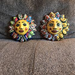 Lot 2 Mexican Hand Painted Sun Ceramic Wall Art- 5” Tall