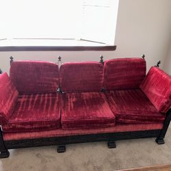Vintage Red Velvet Sofa & Armchair Set – Antique Carved Wood Frame