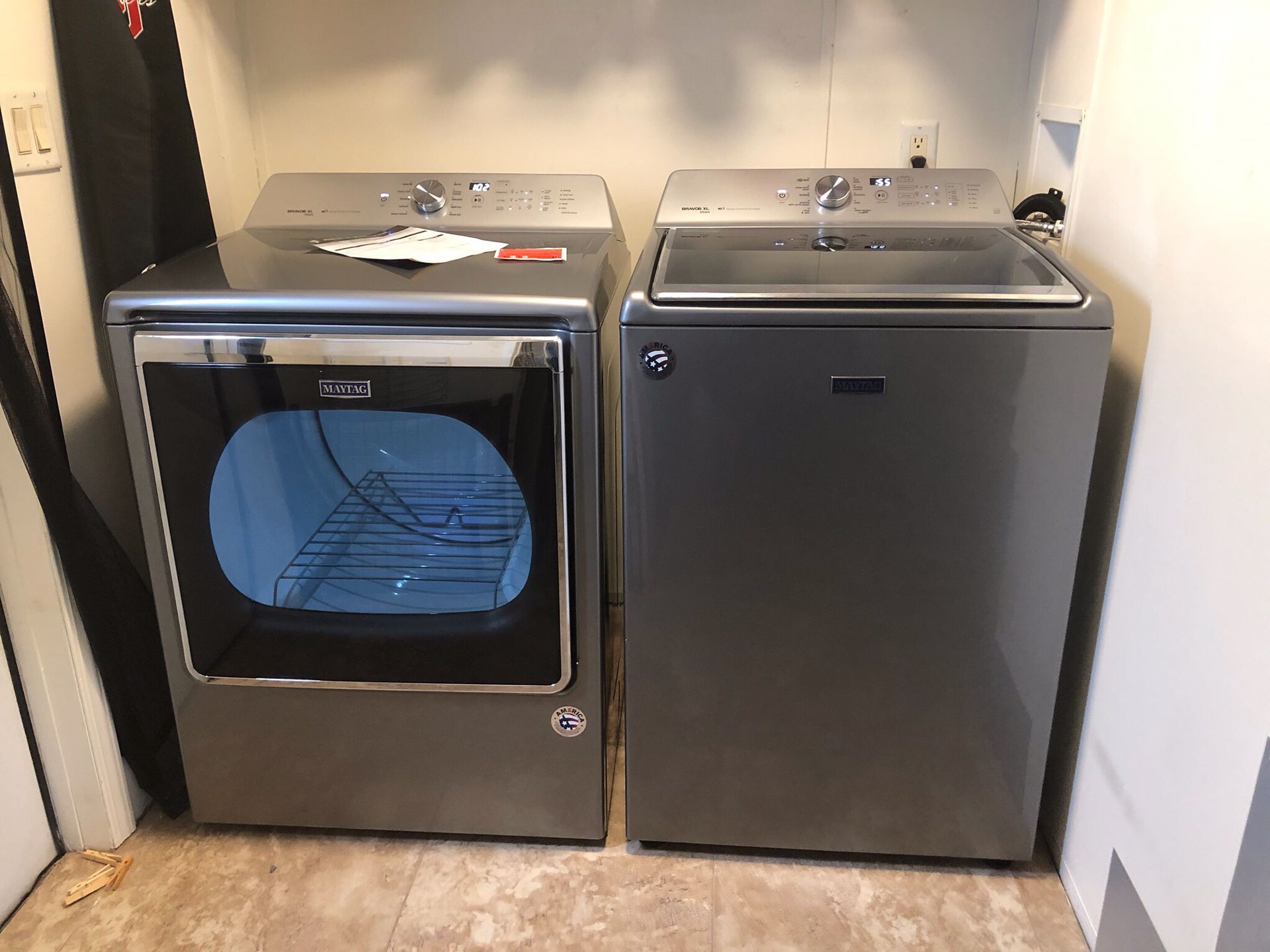 Grey stainless steel Maytag washer and dryer combo set for sale