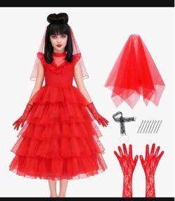 Lydia Deetz Red Wedding Dress Costume – Beetlejuice Cosplay with Veil & Gloves size 10/12