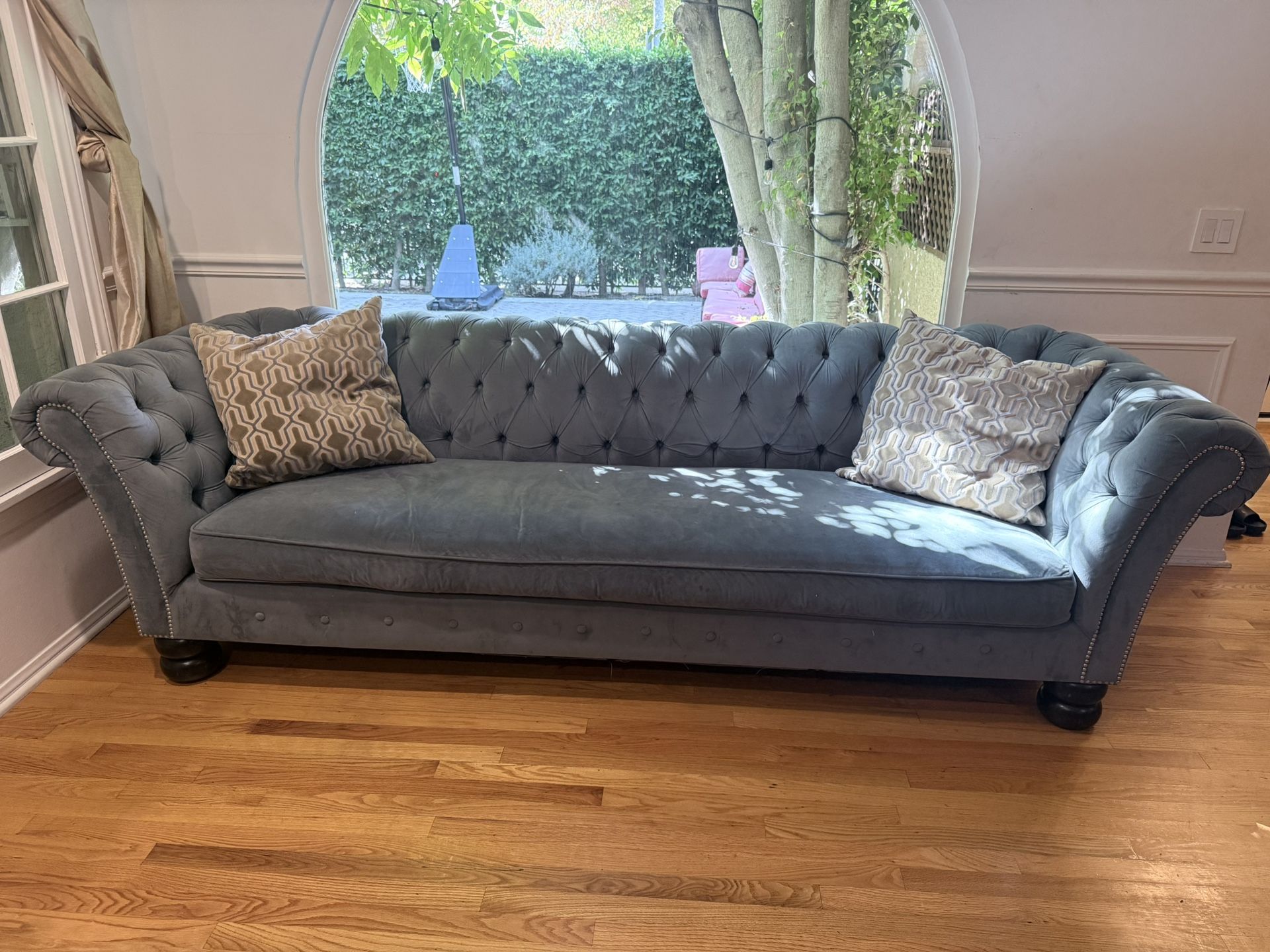 9-ft Tufted Velvet Chesterfield Sofa – Slate Gray – Good Condition
