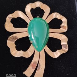Vtg.sterling Silver Gold Vermillion Jade? 5 Leaf Clover Pin