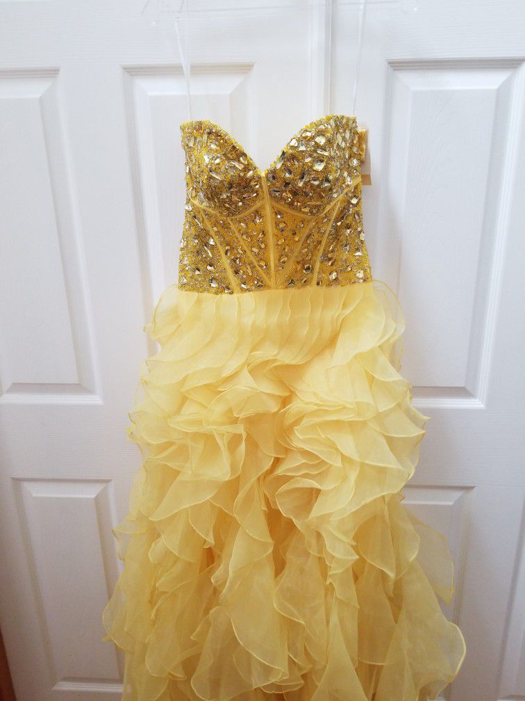 Yellow Strapless Sequined Ruffled Dress Size 6