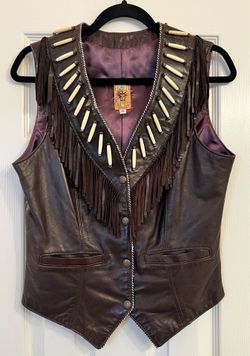 TRIBE AMERICA Leather Vest Native Beaded Fringe Western Cowgirl Sz: 8