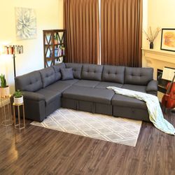 KaMic 118" 5-Seat Fabric U-Shaped Left Facing Sectional Sleeper Sofa Upholstery with Storage Chaise and Pull Out Sleeper