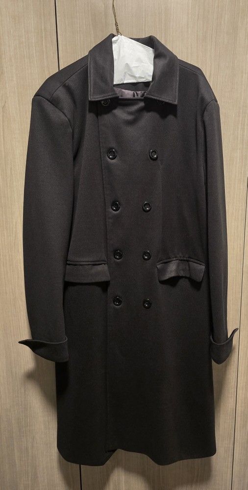 Men's Black Double Breasted Long Trench Coat Sz XL