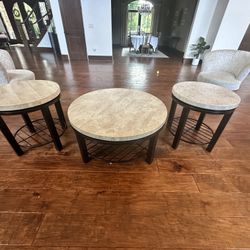 Stone Top Round Coffee Table And 2 End Tables