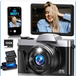4K Digital Camera for Photography with WiFi,64MP Autofocus Vlogging Camera for YouTube,3'' 180° Flip Screen Compact Travel Camera for Teens with 32GB 