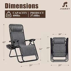 🥨JEAREY Zero Gravity Chairs Set of 2, Patio Adjustable Recliners, Dark Gray 300 lbs Capacity, Steel Frame and Textilene Fabric with Locking Recline,