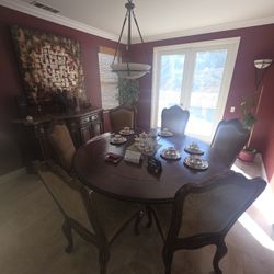 Bernhardt Dinning Table, Chairs With Matched Stone Top Buffet
