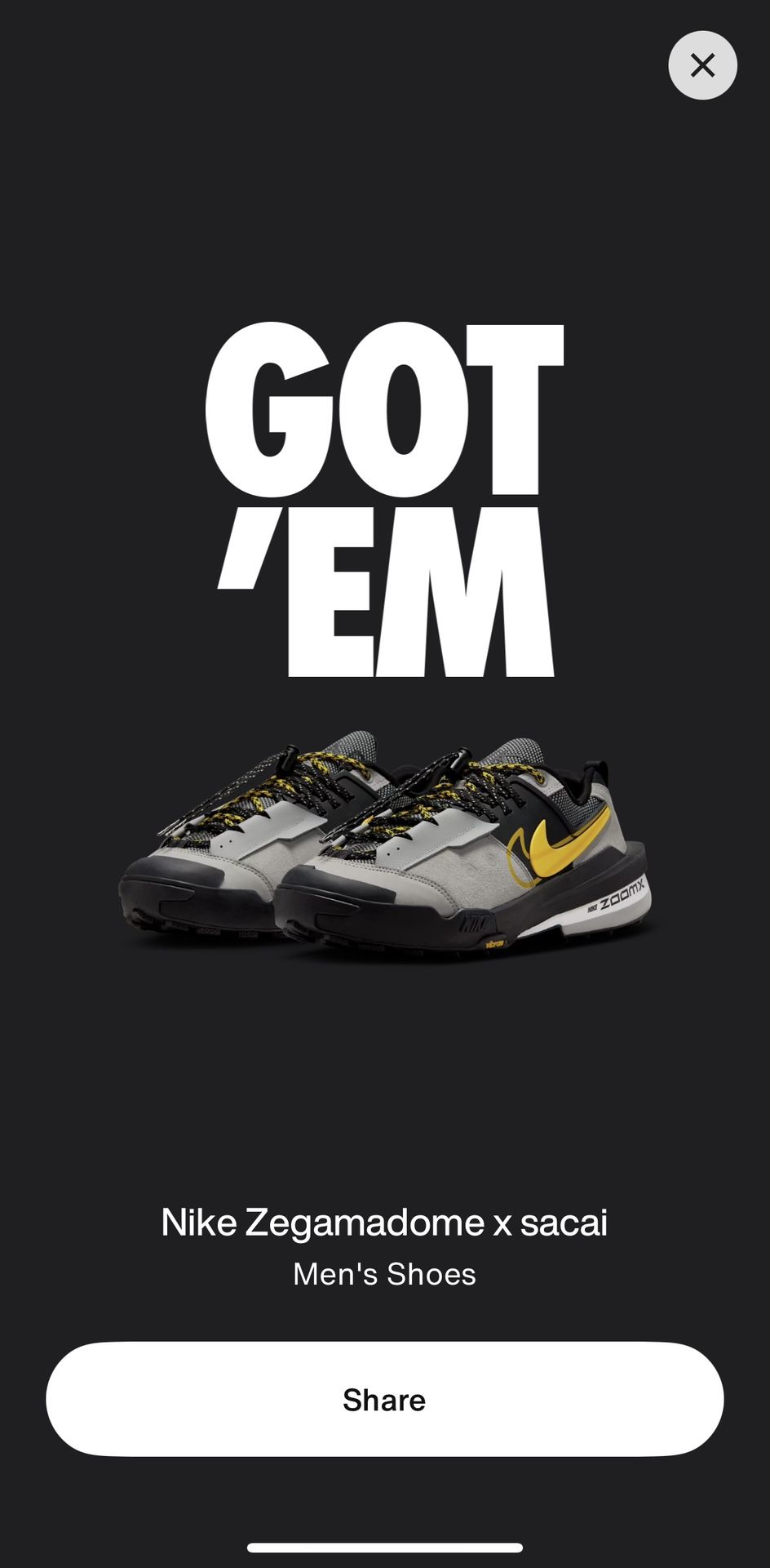 Nike Zegamadome x Sacai SP Matte Silver Tour Yellow
