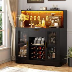 Wine Bar Cabinet with LED Light, Liquor Cabinet with Wine Rack and Glass Holder, Coffee Bar Cabinets with Drawer, Buffet Sideboard Table with Storage 