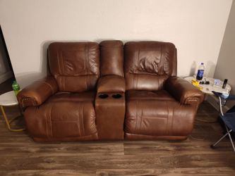 Brown Leather Electric Reclining Loveseat with Console