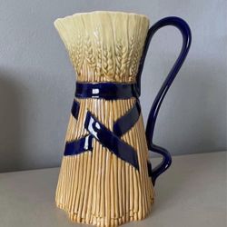 RARE 1990s Bordallo Pinheiro Blue Ribbon Banding Wheat Sheaf Pitcher 