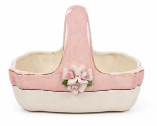 Vintage Ceramic Basket Planter Pink & Cream Floral Gold Trim Cottage Decor