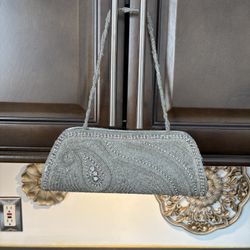 Vintage Silver Beaded Evening Purse Clutch Rhinestones Party Glitter Bling 10x4"