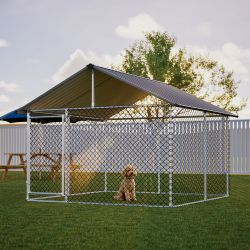 7.5'x7.5' Outdoor Heavy Duty Dog Kennel for Large Dogs, Rust-Proof Coated Wire Mesh Dog Cage with Sturdy Metal Roof, Secure Lock & All Weather Metal E