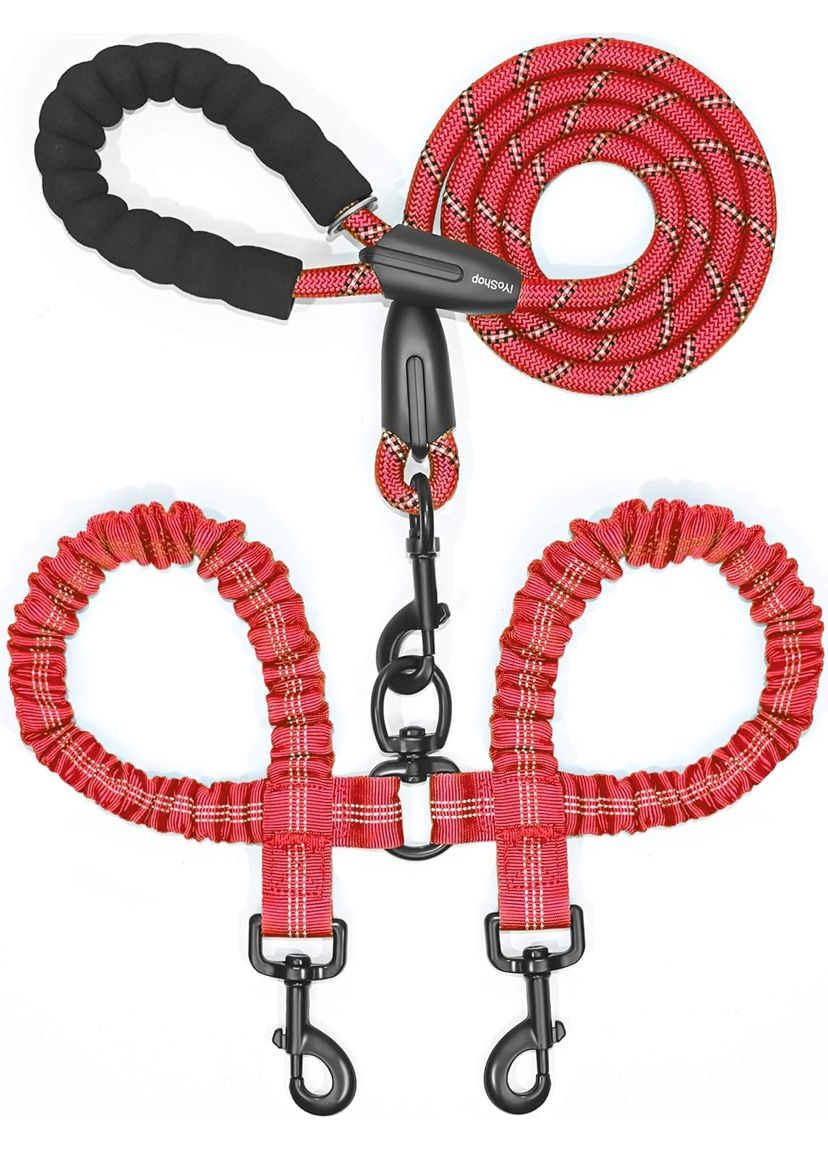 iYoShop Dual Dog Leash - 360° Swivel, No Tangle Walking Leash with Shock Absorbing Bungee for Two Dogs ( Medium+, Pink)