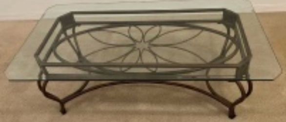Living Room Glass approx 1/4" thick & Metal Table 17 And Three-Quarter Inches High Glasses 52" Wide By 28" With Matching End Table 23 1/4" tall, glass
