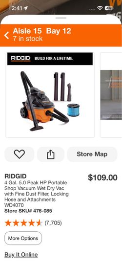 RIDGID 4 Gal. 5.0 Peak HP Portable Shop Vacuum Wet Dry Vac with Fine Dust Filter, Locking Hose and Attachments WD4070