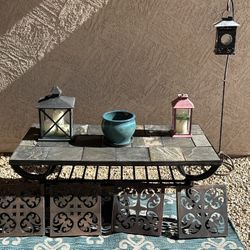 Take ALL - Patio Table, Metal Vertical Hanging Lantern Candle Holder, 4 Hanging Metal Art Pieces, 2 Decorative Candle Holders, Rug, and Planter