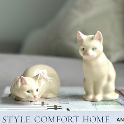 Pair Vintage White Cats Ceramic Cat Figurines Animal Statue Cottagecore Grandmillenial