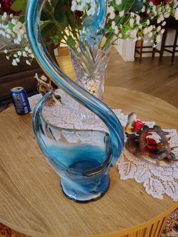 Blue Art Glass Swan Basket