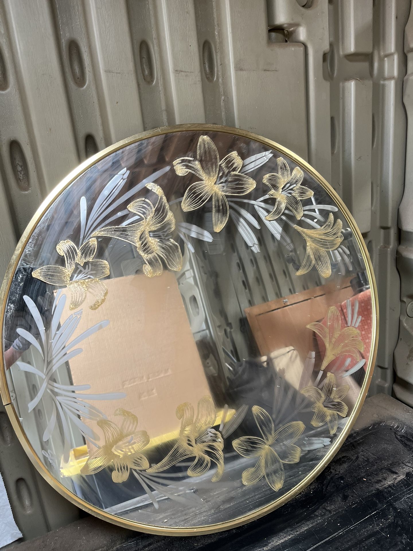 Vintage Signed  Round Mirror With Etched Flowers In Mirror
