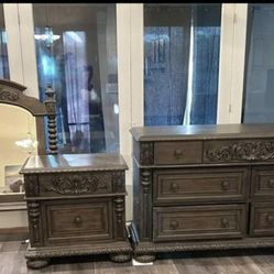 REAL WOOD! King Bed Frame, Nightstand, Dresser & Mirror***Location: Aliante***