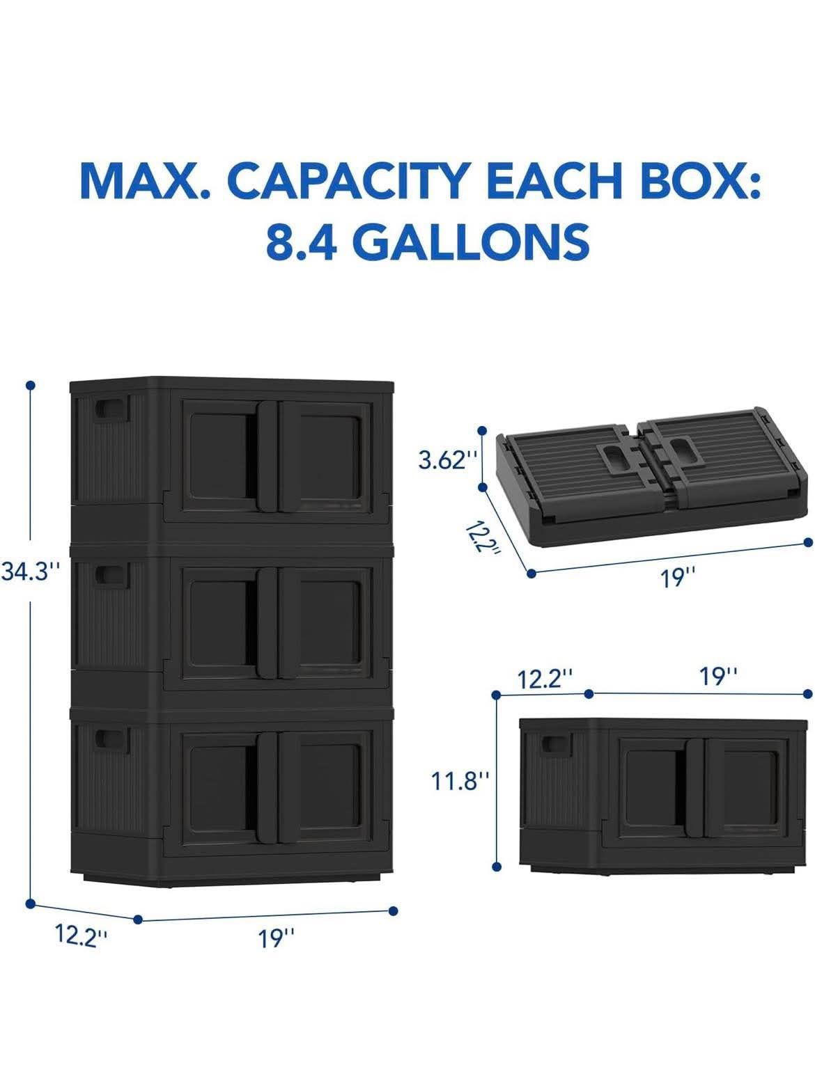 110 QT-3 Pack Stackable Storage Bins With Lids, Collapsible Plastic Storage Bins, Closet Organizers and Storage Containers with Doors For Home, Black,