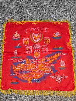 Vintage Cyprus Map and Points of Interest Red Felt Yellow Fringe
