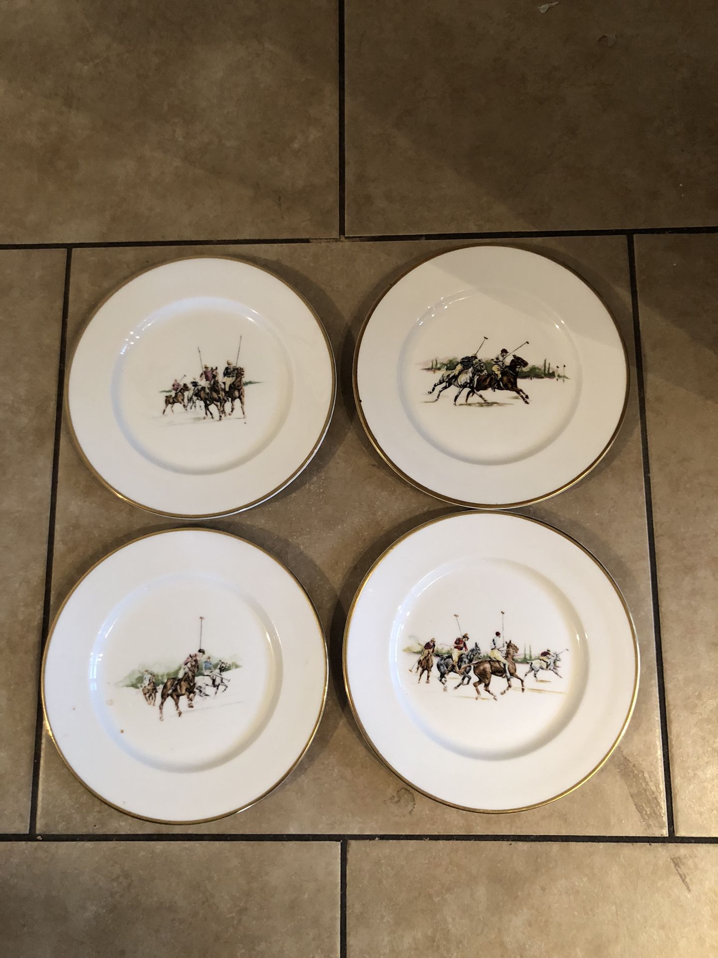 Ralph Lauren “Polo Scene” Bone China Salad And Dinner Plates Set Of 4 Gold Trim England Sport Of Kings, Equestrian Collector Plates