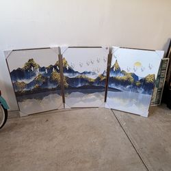 3 Canvas set blue/yellow Theme Mountains/Birds 