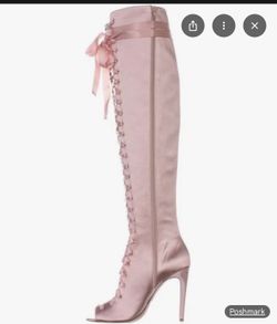Beautiful Tall Pink Satin Boots W/ribbon Ties Sz 8