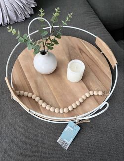 Crofton Acacia Wire Tray NWT 17.5" Round Wood Serving Tray White Metal Handles