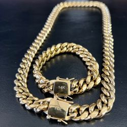 14MM Cuban Link Set 14k Gold Plated Doesn't Loses Color 