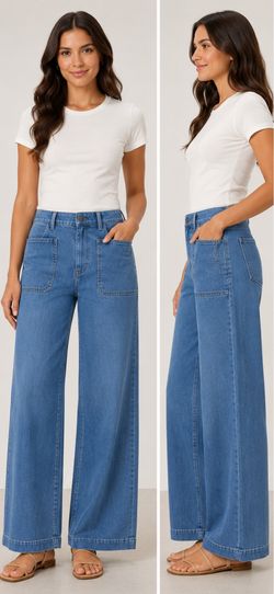 Lyssé Wide Leg Front Pocket Denim Jeans Pull On Stretch Blue NWOT Size S
