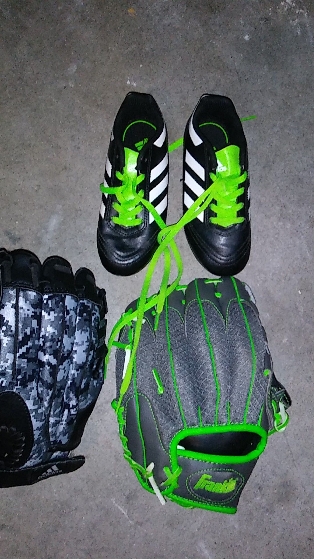 Kids adidas baseball glove, Franklin glove and size 12 k adiddas cleats.