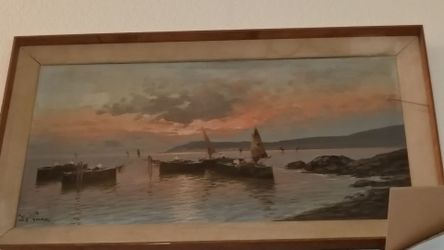 OIL PAINTING 1938 De Luca Portuguese fishing boatsL