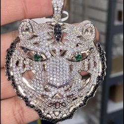Men’s Big Iced Out Bangal Tiger Head Pendant Fits Upto 20MM Miami Cuban Link Chain., 14K White Gold 5X Layered, ICY