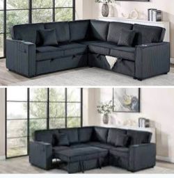 $550.  Sectional Pull Out Bed With Storage USB Cup Holder Available,I Ivory,Dark Gray,Corduroy