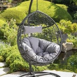 Outdoor Hanging Basket Chair with Egg Shape and Water Resistance Cushion In Gray  **STAND SOLD SEPARATELY**